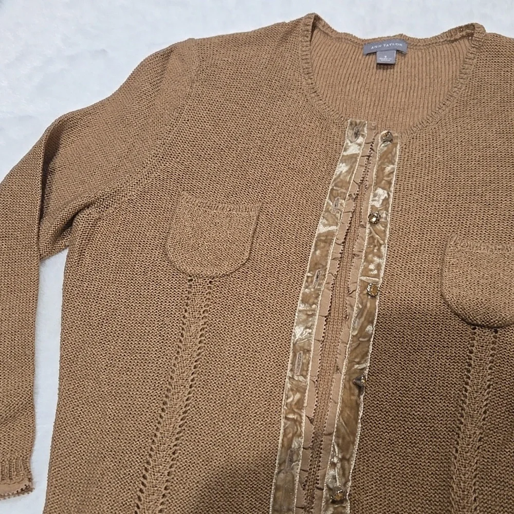 Ann Taylor lightweight three-quarters sleeve tan button down sweater cardigan S